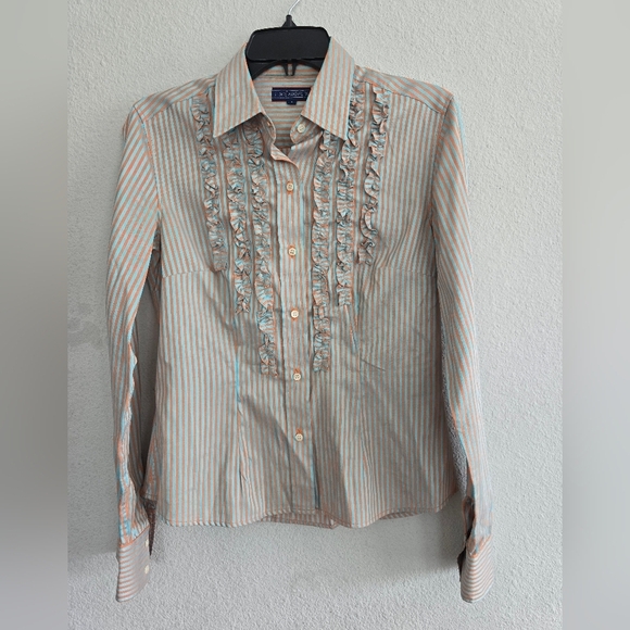 J McLaughlin Button Down Shirt Blue Orange Stripe Ruffle Front Cotton Sz 4 - Picture 2 of 12